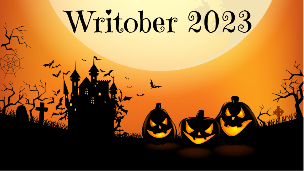 Image d'illustration de Writober 2023 avec un chateau, des citrouilles et des couleurs orange et noir.