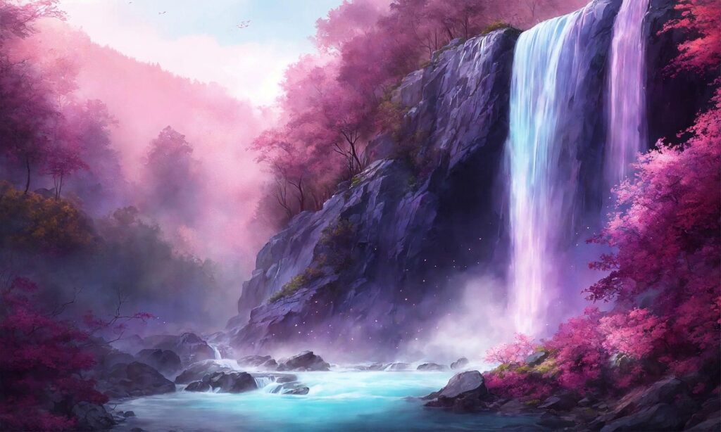 Écrire la fantasy avec émotion – image poétique d’un paysage féérique avec cascade rose
