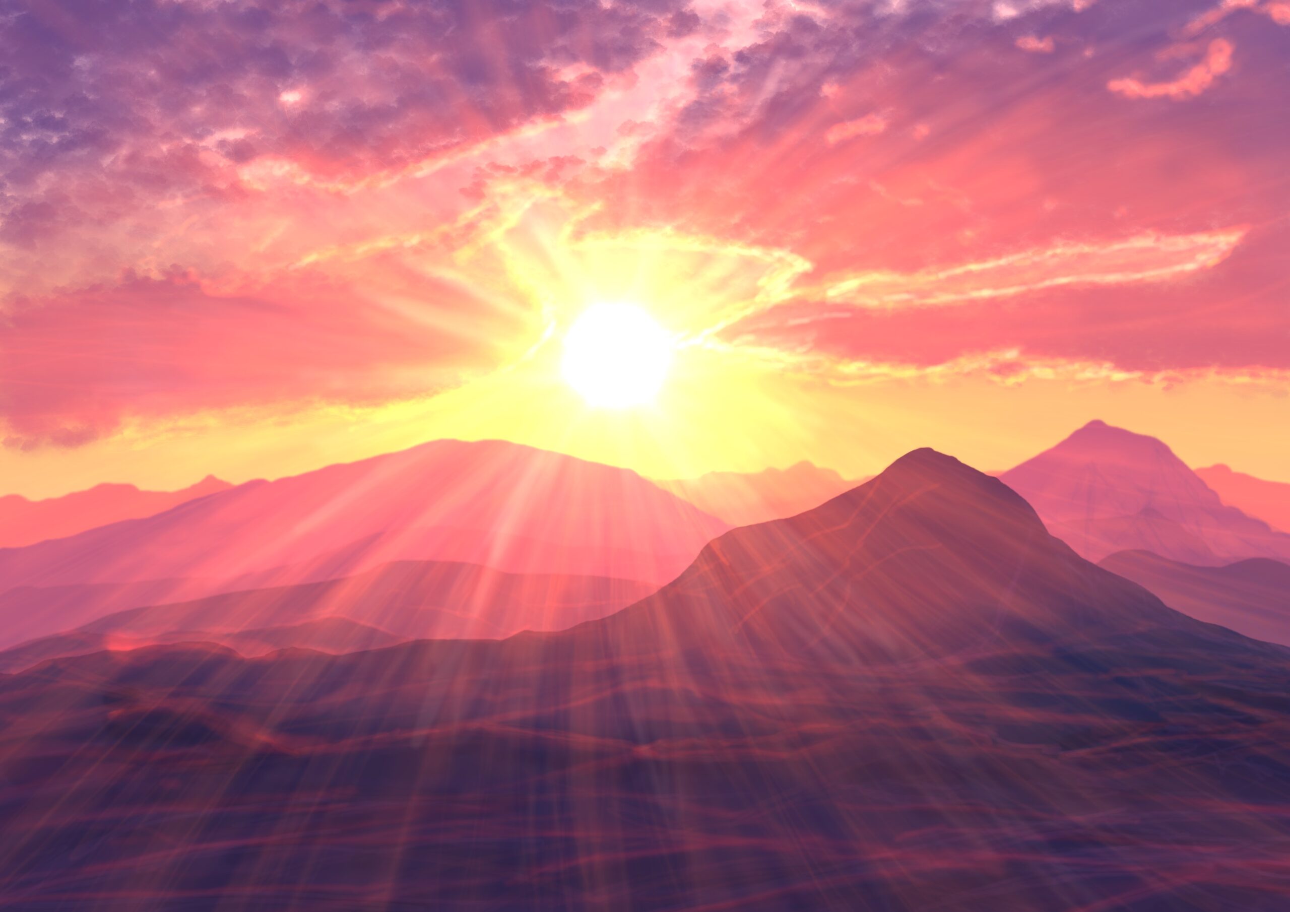 Lever de soleil flamboyant aux teintes roses, dorées et violettes sur une chaîne de montagnes brumeuses, rayons traversant le ciel nuageux